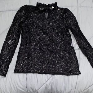 LINI Black Lace Long Sleeve Mock Neck Top